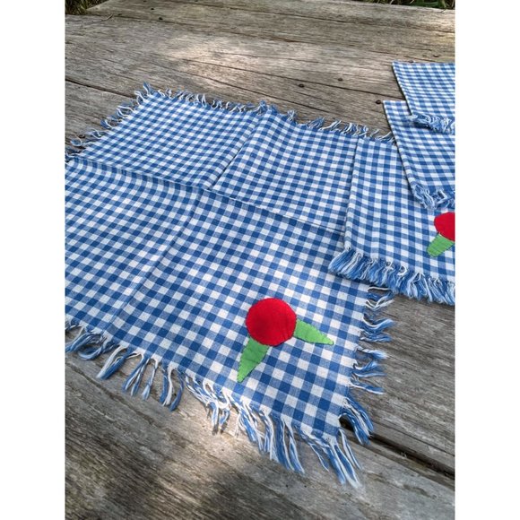 Vintage 1930s Blue Check Applique Fruit Napkins Set of 4 - Picture 8 of 10